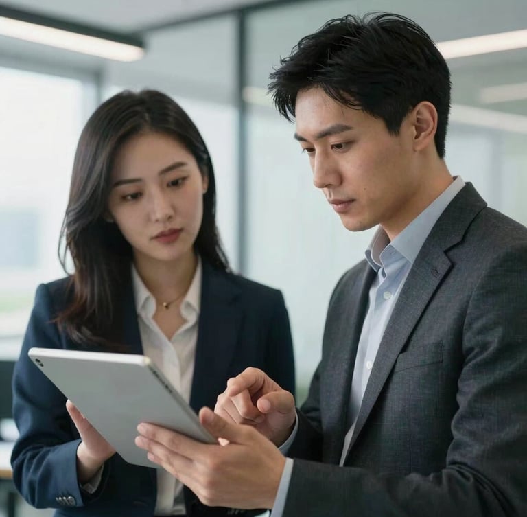 Medium close-up of two professionals collaborating over a tablet in a bright, modern corporate office with cool daylight.
