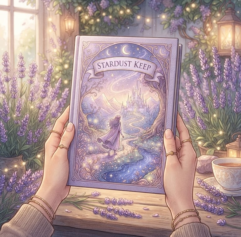 A beautiful hand-drawn digital illustration of a fantasy book cover mockup held by soft hands, delicate linework, soft lilac and pastel tones, cozy magical lighting, lavender flowers in the background