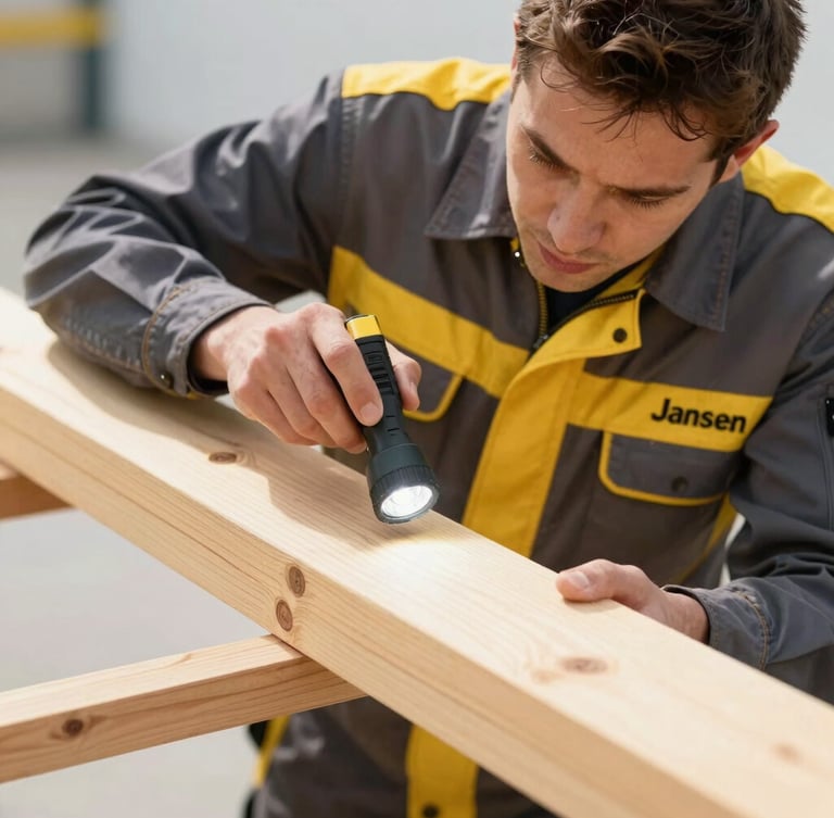 Professional utility photography of a technician in a clean Jansen uniform inspecting a wooden beam with a flashlight, bright daylight, high-contrast yellow and charcoal tones, sharp focus, 35mm