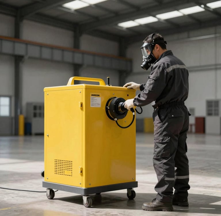 Industrial warehouse interior with high ceilings, a technician in a dark Jansen uniform and protective respirator operating professional fumigation equipment, high contrast daylight.