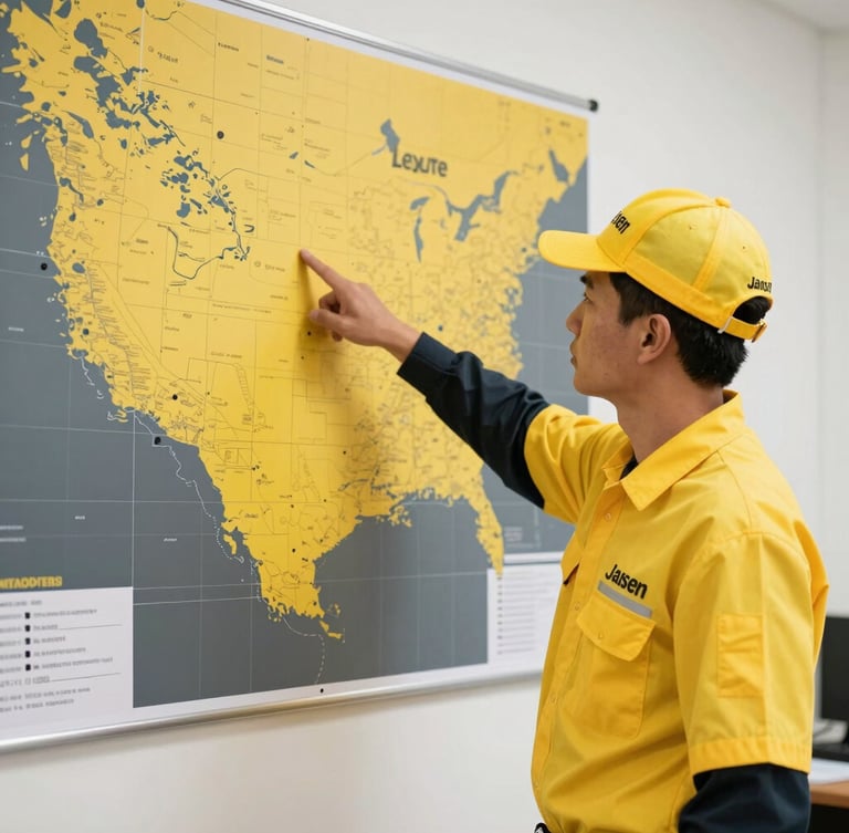 A professional Jansen pest control technician in a clean branded uniform pointing at a large physical map of Leyte on a bright office wall, high-contrast yellow and charcoal tones, sharp focus, 35mm