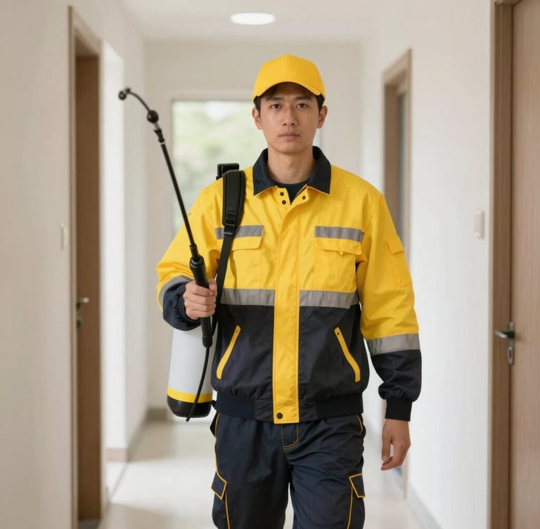 A professional Jansen pest control technician in a clean branded uniform holding a professional spray applicator in a bright, modern residential hallway, high-contrast safety yellow accents, 35mm photography