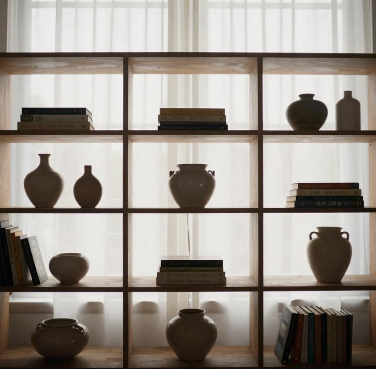 Medium crop of styled mid-century modular shelving holding books and small ceramic vessels, soft diffused morning window light