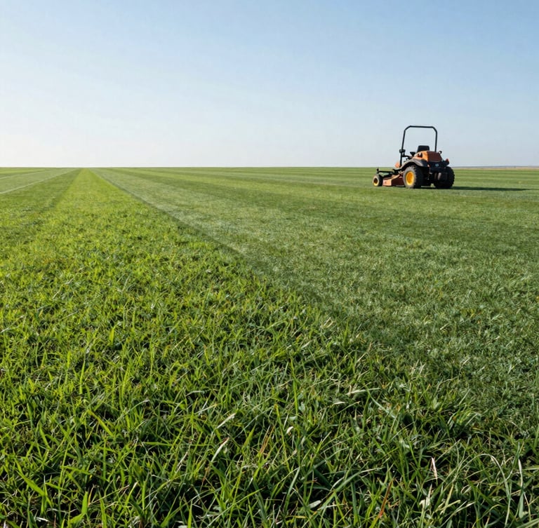 Wide environmental shot of a lush sports field under midday natural light, a zero-turn mower working across striped turf in the far right third, open sky visible above, soil-level perspective from the left side showing dense healthy grass blades