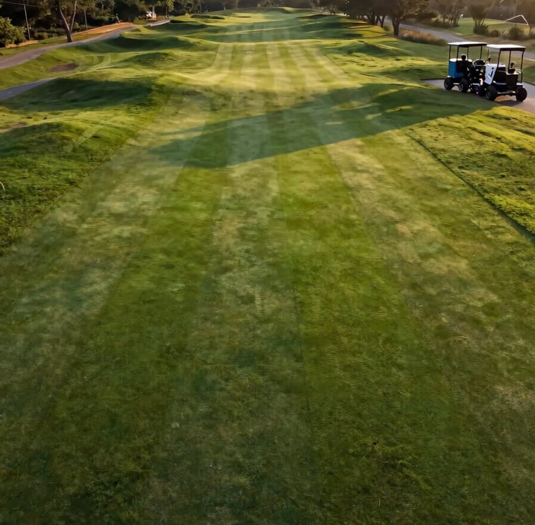 Wide aerial survey of a lush golf course fairway at golden hour, sweeping green turf extending toward the horizon, maintenance equipment parked at the far right edge, warm low-angle natural light raking across the grass texture, shot from above and slightly to the right