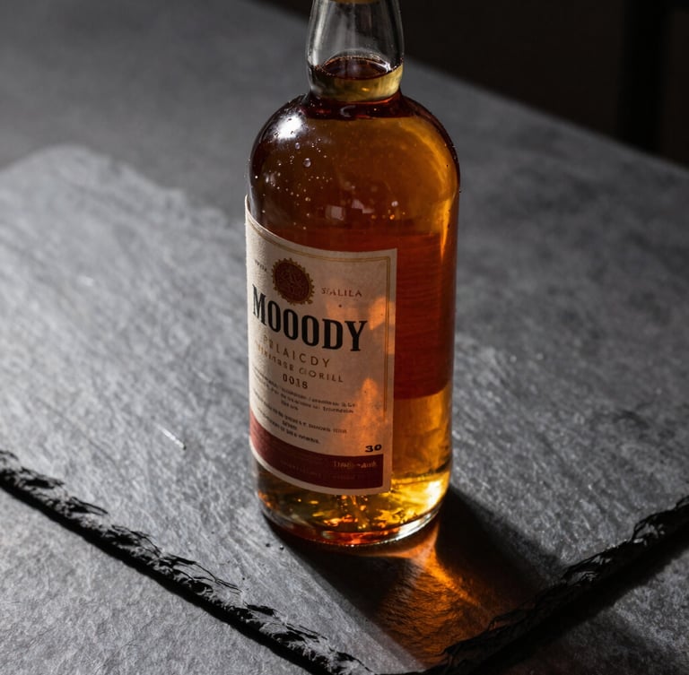 Moody close-up of a vintage bottle of spirits resting on a dark slate counter, dramatic side-lighting casting long shadows, rich amber liquid.