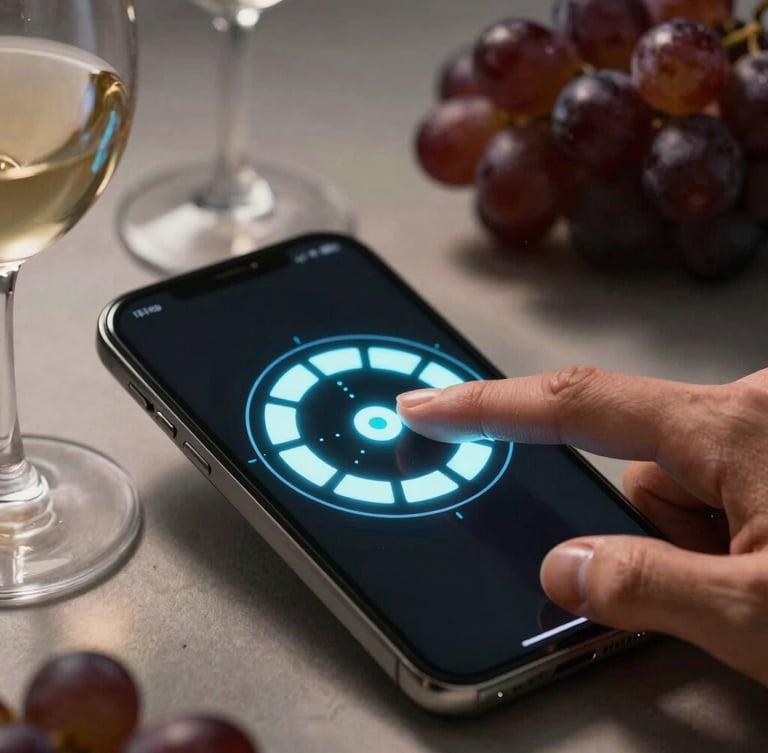 Macro shot of a finger touching a glowing digital sensory wheel on a mobile screen, surrounded by wine glasses and dark grapes, dramatic side-lighting.