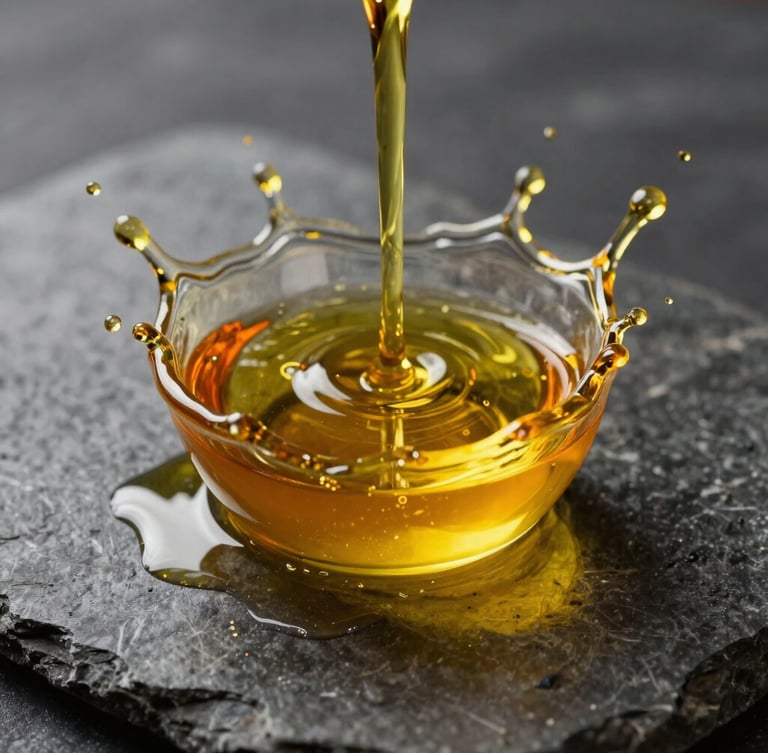 Extreme close-up macro shot of vibrant golden olive oil splashing onto a dark stone surface, high-contrast side-lighting, ultra-saturated orange and yellow tones
