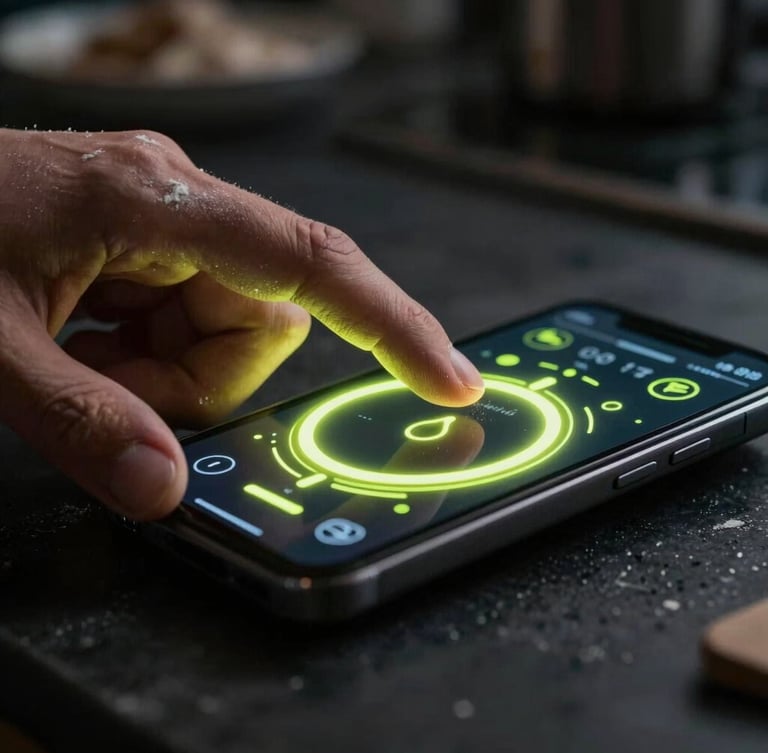 Dynamic close-up angled shot of a hand with flour-dusted fingers tapping a glowing, neon-lime digital dial interface on a mobile screen, moody dramatic side-lighting, deep shadows, dark kitchen background.