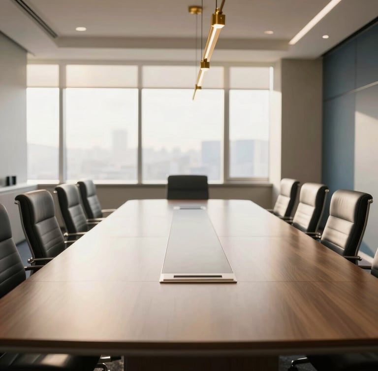 Wide panoramic shot of a perfectly aligned, sunlit corporate boardroom, soft morning window light, polished brass fixtures, deep slate accents, warm editorial photography, 35mm.