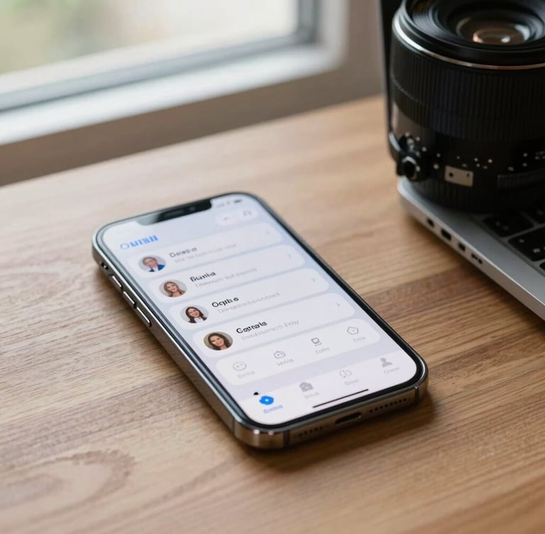 Bright modern smartphone displaying a clean mobile application interface on a wooden desk, soft natural light from a window, professional and clear setup.