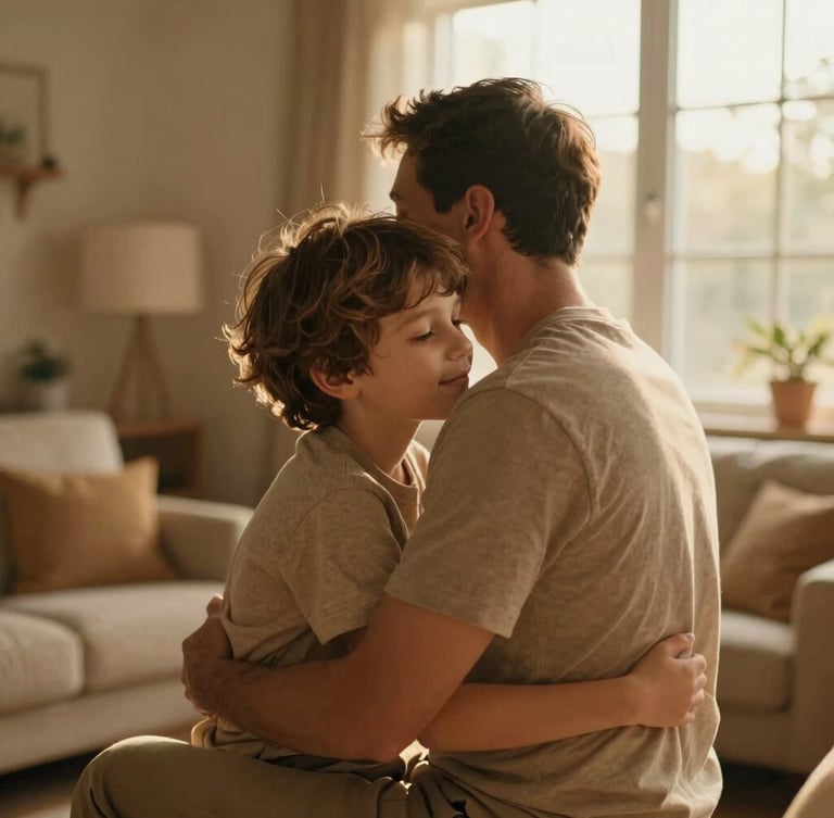 Warm editorial photography of a father gently embracing his young son in a sunlit living room, golden-hour window light, soft earthy tones, shallow depth of field, 35mm