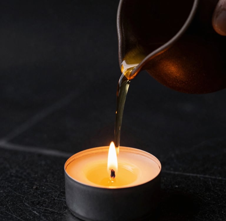 Close-up of warm oil being poured from a dark ceramic vessel, soft golden candlelight, matte black marble background, shallow depth of field, 35mm