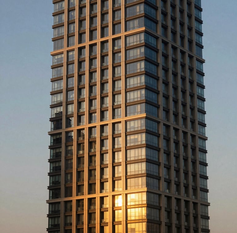 Abstract architectural detail of a luxury modern residential tower in Dubai Marina, warm golden-hour sunlight reflecting on premium glass and steel, 35mm