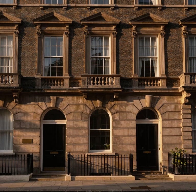 Grand historic Portland stone townhouse facade in Mayfair, warm golden hour sunlight, rich deep tones, sharp focus, 35mm.