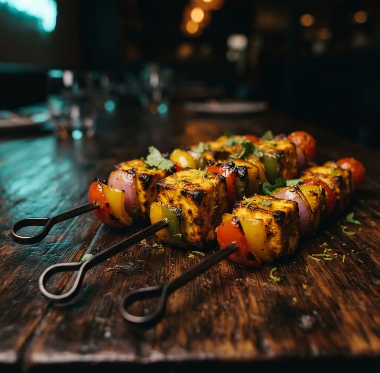 Close-up of gourmet saffron paneer skewers on a rich dark wooden table, soft teal neon reflection, shallow depth of field, 35mm