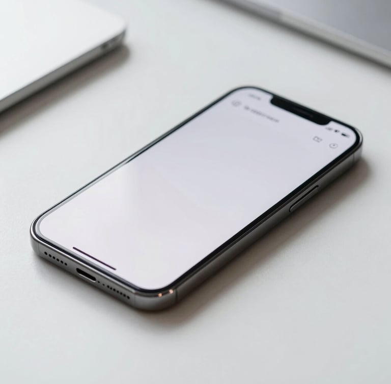Sleek editorial close-up of a mobile device displaying a clean video interface, soft natural studio light, minimalist workspace setup, shallow depth of field, 35mm