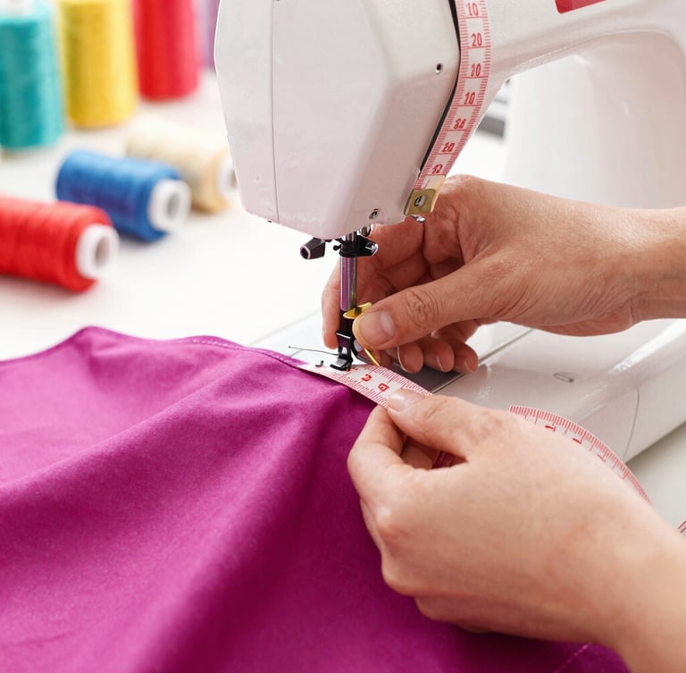 Close-up of hands carefully measuring a colorful magenta fabric with a soft measuring tape, sewing machine in a warm sunlit workshop, pet accessories visible in the background, shallow depth of field, 50mm