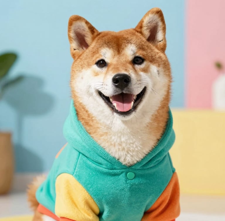 Close-up of a happy Shiba Inu wearing a colorful handcrafted teal hoodie, bright natural daylight, soft colorful background, 50mm