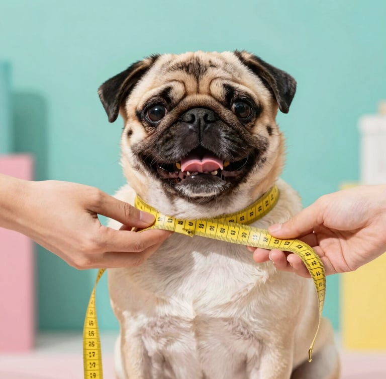 Close-up of hands gently measuring a happy pug with a soft yellow measuring tape, bright natural daylight, colorful teal background, 50mm