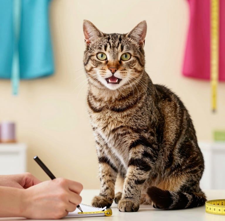 A happy tabby cat sitting calmly while a tailor's hands note down measurements, soft indoor studio lighting with warm undertones, 50mm