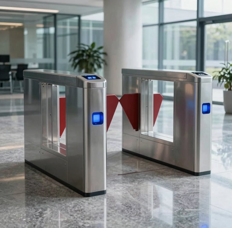 Eye-level perspective of sleek stainless steel smart turnstile gates in a modern corporate lobby, cool daylight streaming through glass, blue LED indicator lights reflecting on polished stone floor, sharp 35mm lens.