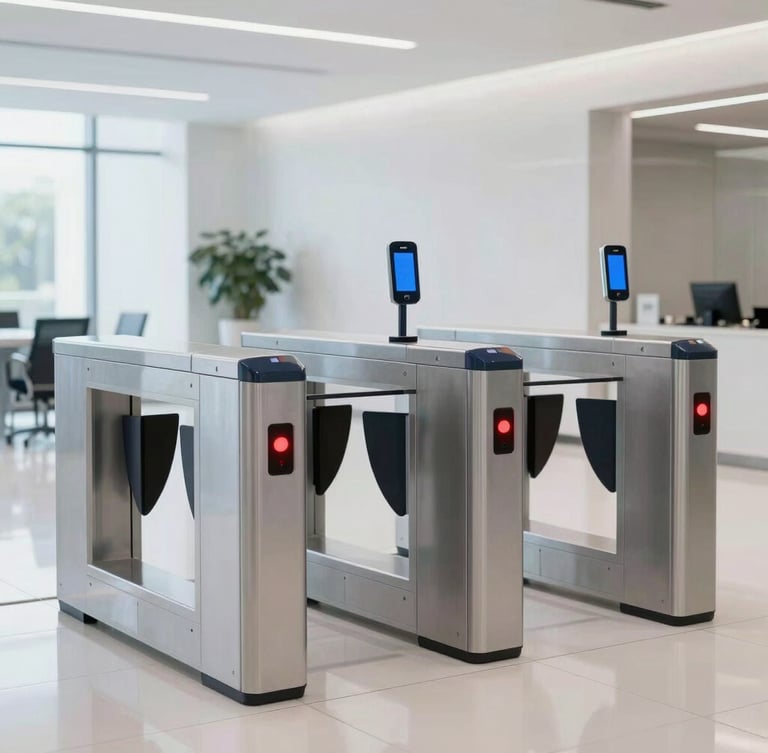 Sleek modern turnstile gates inside a bright, white corporate lobby, sharp red indicators, cool daylight, professional 35mm photography.