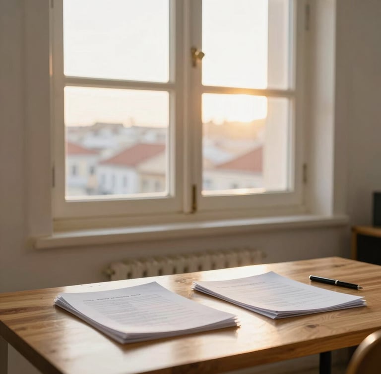 Warm editorial photography, bright natural daylight, Lisbon historic window with golden hour light reflecting on clean wooden desk with organized documents, 35mm lens