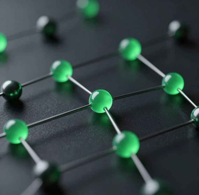 Sleek 3D render of abstract digital nodes, dark obsidian background, glowing emerald accents, cinematic depth of field