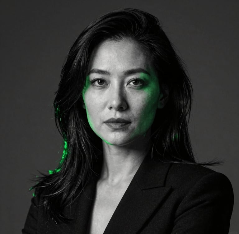 Dramatic high-contrast black and white studio portrait of a professional writer, sharp neon green rim lighting, low-key, sophisticated, 85mm lens