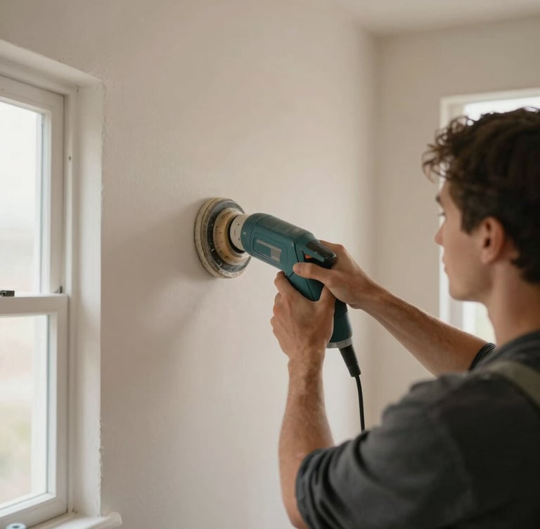 A professional painter in clean attire meticulously sanding a primed wall with a dust-extracting hand sander, soft natural light, shallow depth of field