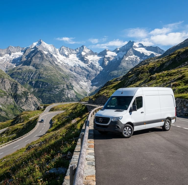 A clean white utility van parked on a mountain pass in the Swiss Alps, crisp morning daylight, snow-capped peaks in the background, sharp focus, professional commercial photography.