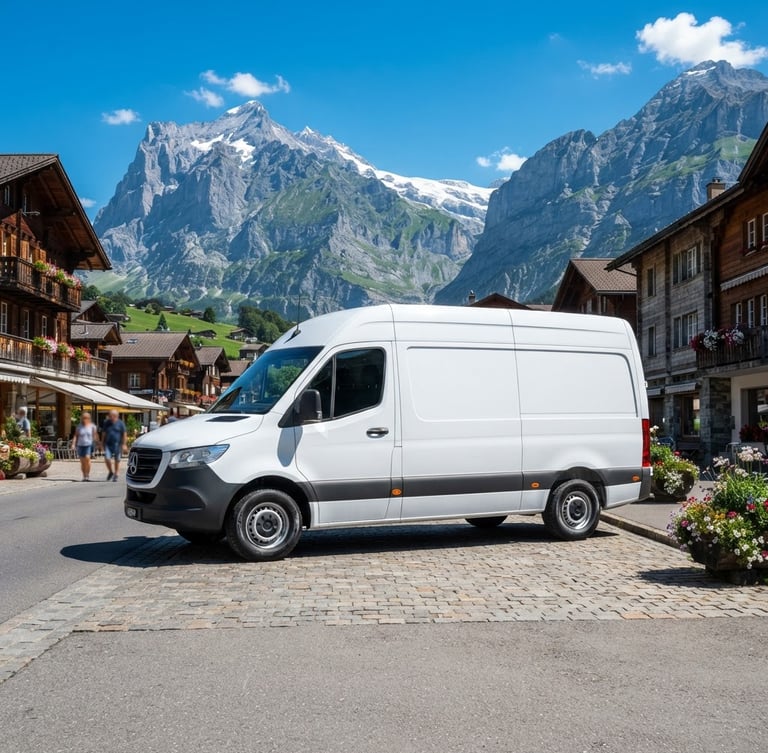 Crisp commercial photography of a clean white utility van parked in a Swiss alpine village, bright daylight, sharp focus, high contrast