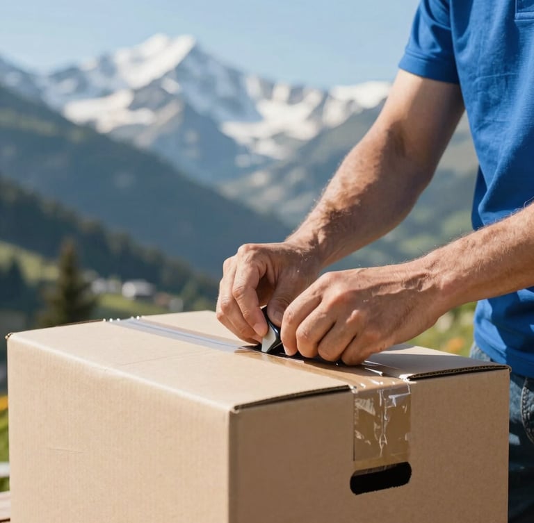 Close-up of professional hands neatly packing a cardboard moving box, clean equipment, bright natural daylight, high contrast
