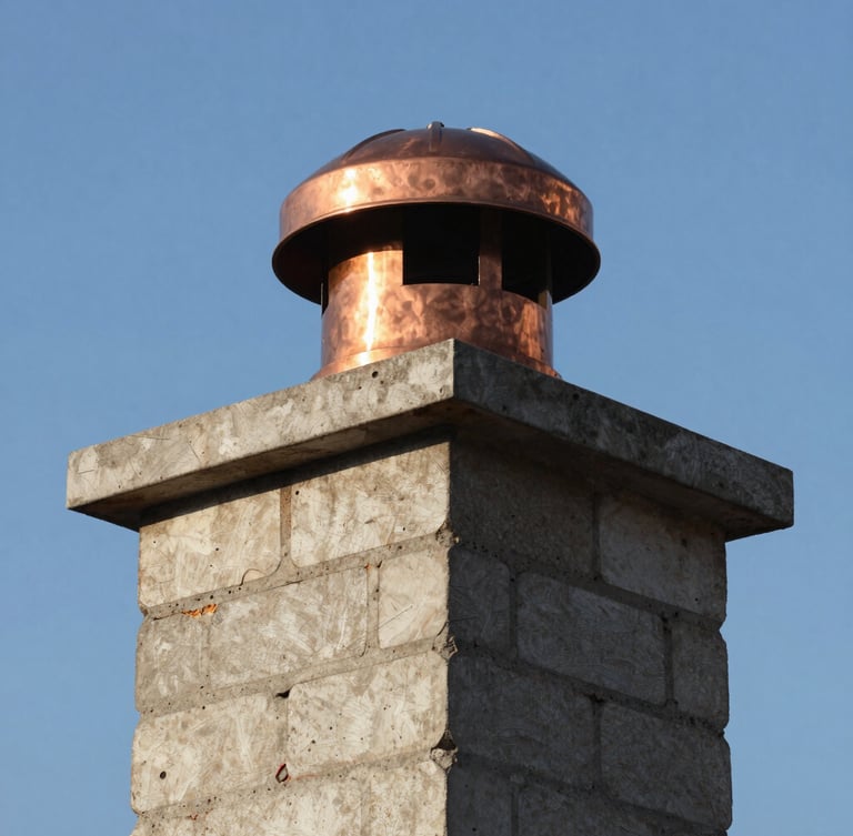 A close-up of a newly constructed chimney crown with clean mortar lines, topped with a custom copper chimney cap against a clear blue sky.