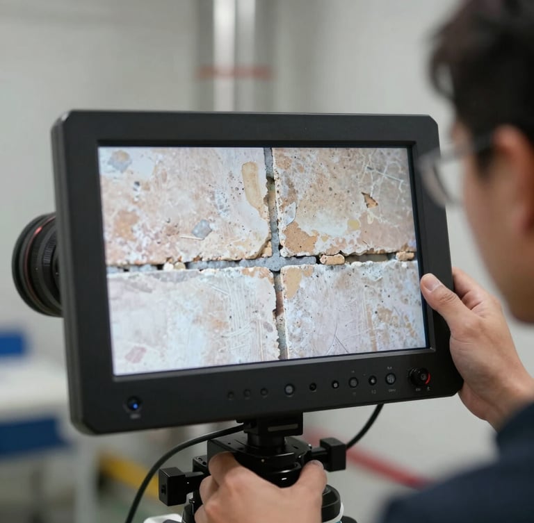 Close-up of a technician operating a high-definition flue camera screen inside a clean living room, showing detailed masonry joints on screen