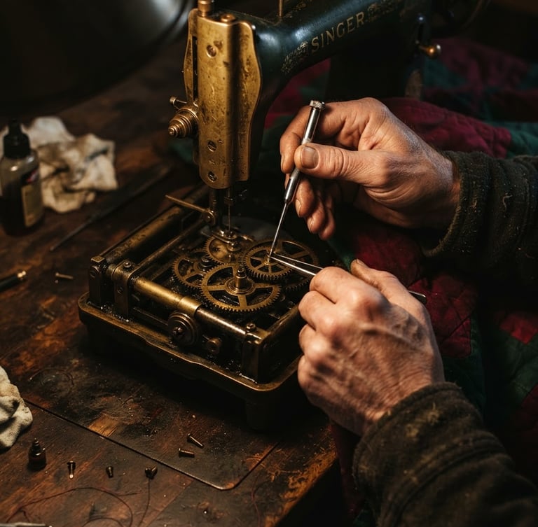 A close-up photograph of a vintage sewing machine's brass gears on a dark wooden workbench, warm directional light casting deep shadows, hands holding a small metal tool, rich crimson and forest green tones, shallow depth of field