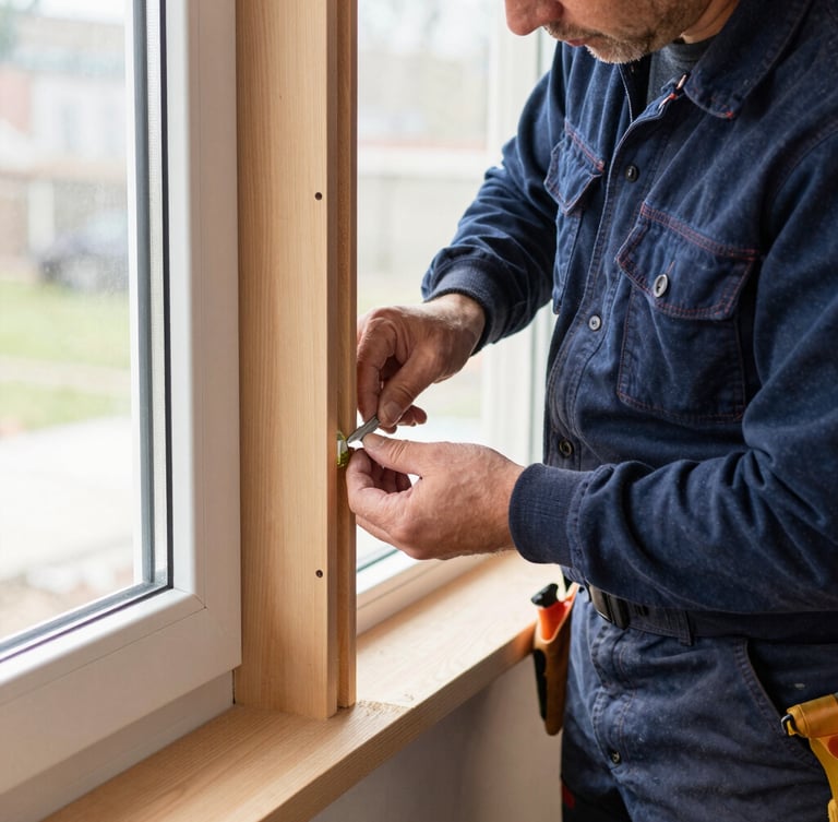 A professional carpenter in clean gear working on-site, carefully sealing a window casing with tight, precise carpentry details, bright natural daylight, 35mm lens