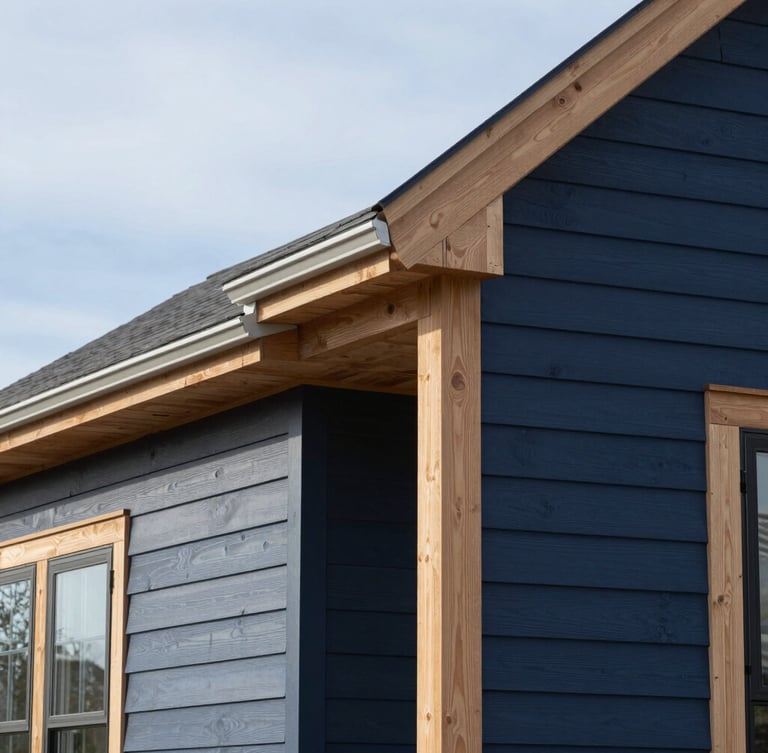 Crisp architectural photo of a finished home exterior with clean siding lines against a bright morning New England sky, sharp focus, 35mm lens