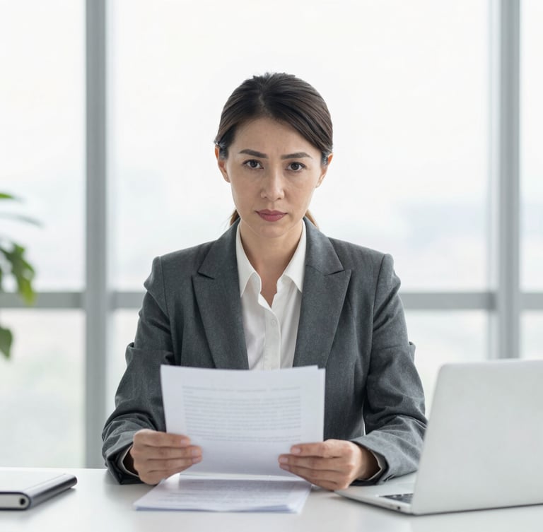Portrait of a confident female legal counsel, mid-40s, professional attire, reviewing documents on a clean desk, bright office light, desaturated cool tones, sharp focus, 35mm lens, looking directly at the viewer.