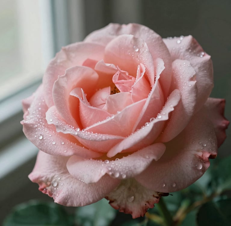 Macro botanical detail of a blooming rose with morning dew on its petals, soft diffused light, dusty rose and deep forest green tones.