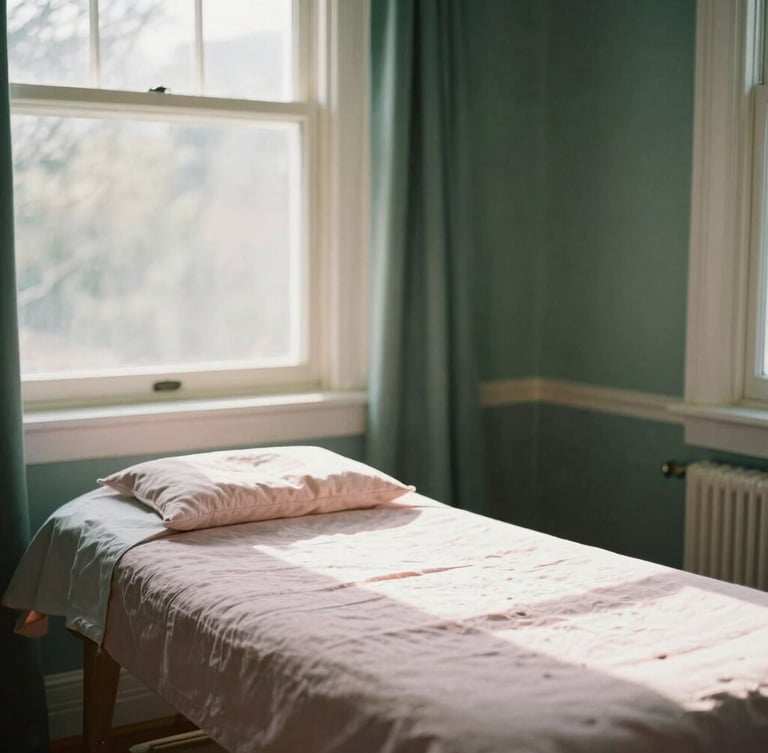 Quiet sunlit treatment room with natural wood and linen, soft morning window light, warm editorial photography.