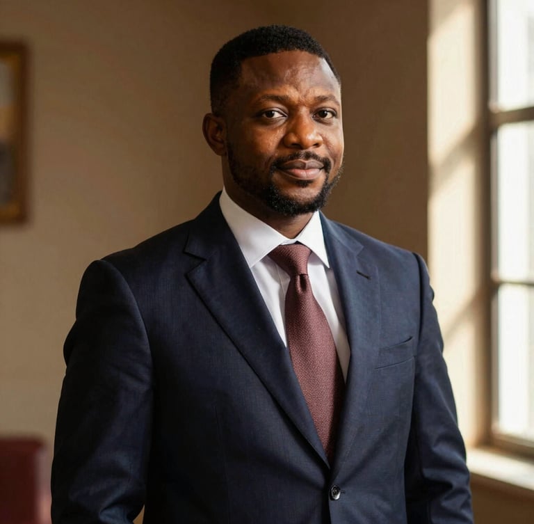 Dignified portrait of a Nigerian attorney in professional attire, warm dramatic side-lighting, shallow depth of field, 35mm