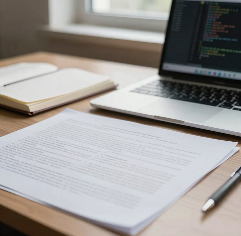 Close-up of a clean, organized academic workspace with research papers, a laptop displaying code, and a notebook under soft natural window light, 35mm.