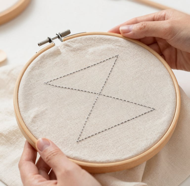 Close-up of hands holding a wooden embroidery hoop, stitching a minimalist geometric pattern on oatmeal linen, soft side lighting.