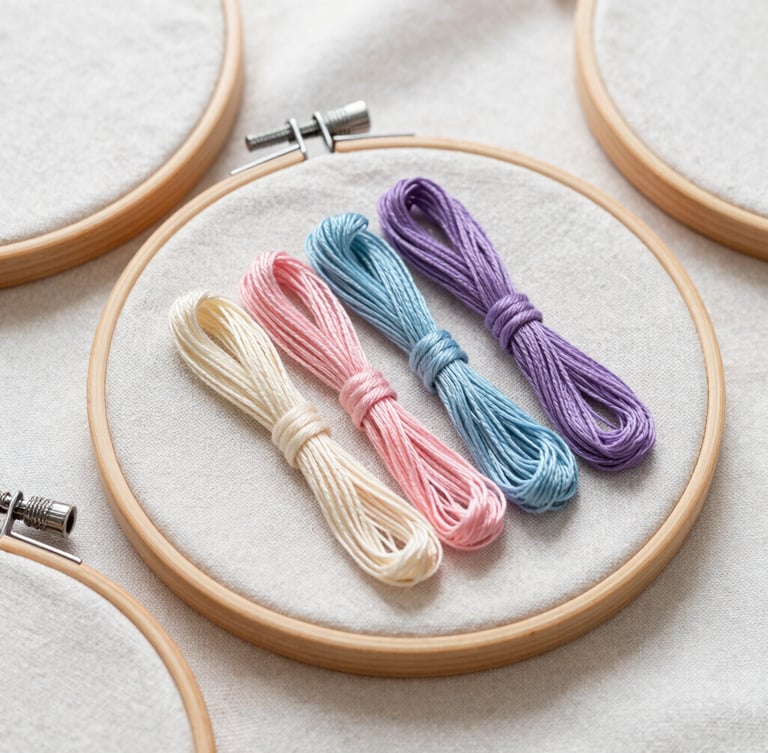 Overhead macro flat-lay of modern embroidery hoops on high-texture linen fabric, pastel threads organized in a neat gradient, soft diffused morning daylight.