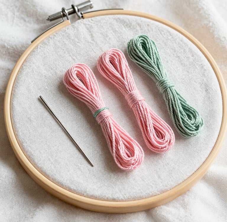 Macro flat-lay of modern embroidery hoop framing textured linen fabric, pastel pink and sage green embroidery floss neatly arranged beside a silver needle, soft morning light