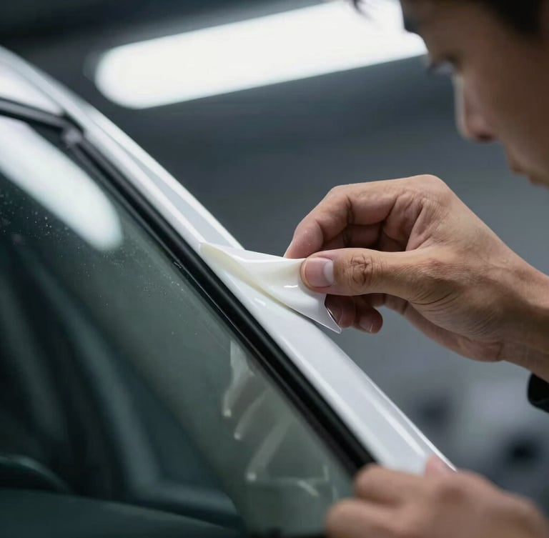Close-up macro shot of a technician's hands meticulously smoothing ceramic film onto a car window in a dust-controlled bay, crisp white light, focused on the clean edge.