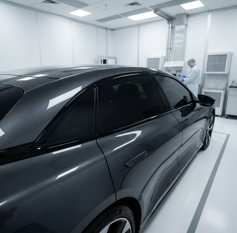 Wide shot of a sleek, dark vehicle silhouette in a pristine, dust-controlled cleanroom bay, sharp studio lighting highlighting the tinted windows, macro detail of a micro-shaved film edge on the rear window, deep charcoal and cool white tones.