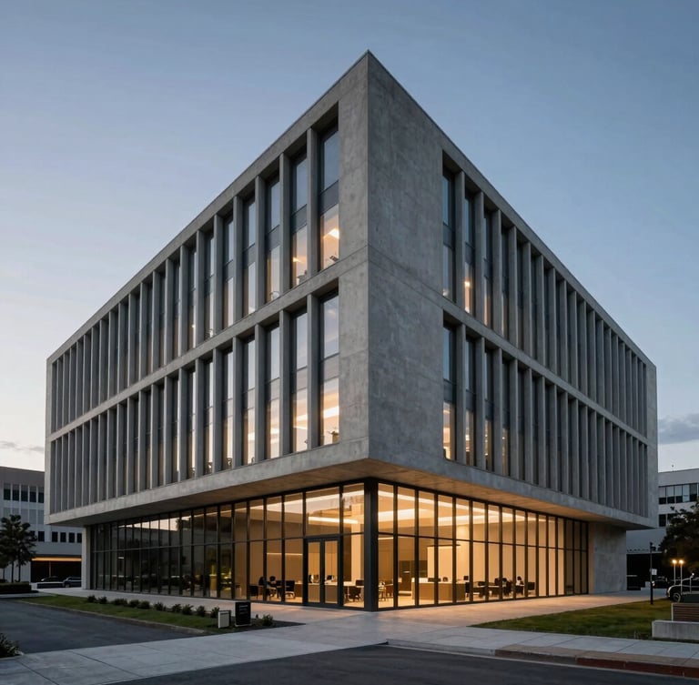 Wide-angle architectural shot of a modern concrete and steel corporate headquarters, dramatic sharp shadows, cool ambient twilight with warm interior office glows, premium minimalist framing.